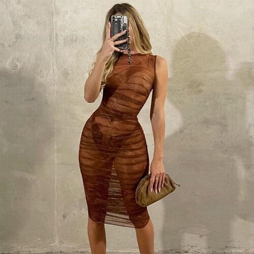 Lusofie Sexy Mesh See-through Bodycon Party Dresses Women Brown Clubwear Dress Solid Sleeveless Basic Female Summer Outfits