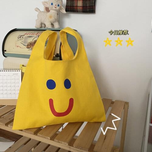 Cute Smile Face Women Double-sided Vest Bag Large Capacity Ladies Reusable Canvas Shopping Shoulder Bags Female Tote Handbags