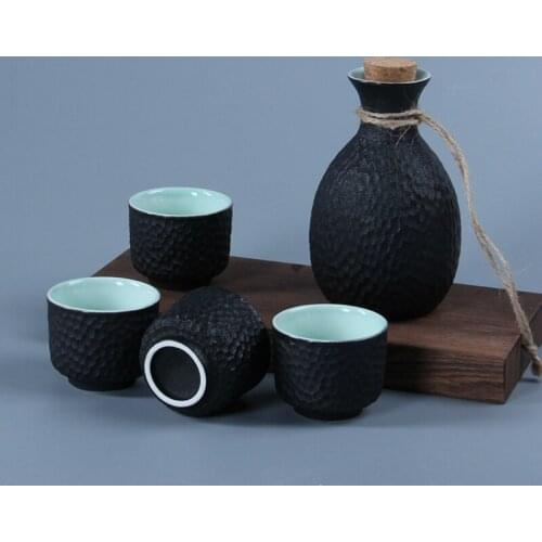 Japanese Sake Set Boutique Art Flagon Stoup Wine Pot 4 Cups Ceramic Snowflake Glaze Honeycomb Design Saka Decanter Home Bar Gift