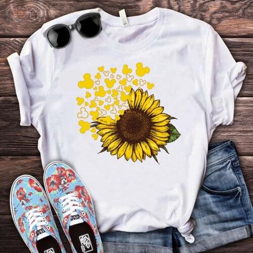 Sunflower Print Harajuku Top Women T-shirt Basic O-collar Short Sleeved Women Casual Ladies T-shirt Girl,Drop Ship