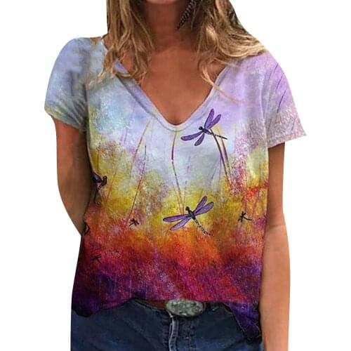 3D Floral Print Women T Shirts Casual Short Sleeve Loose Tops Tee Fashion Street Ladies V-Neck Summer Plus Size Tee 2021 New