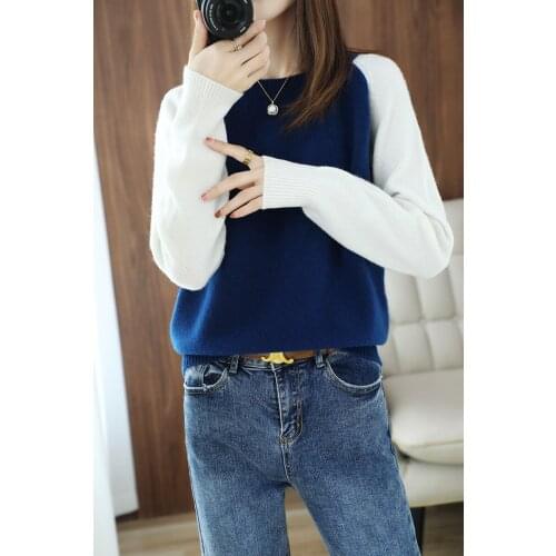 KOIJINSKY 2021 pure wool autumn winter top womens o-neck color matching sweater knitted sweater