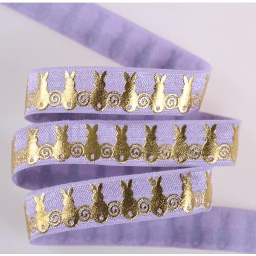 5/8" 15mm gold foil bunny printed fold over elastic #430 Lt.Orchid for hair tie, 50yards/lot