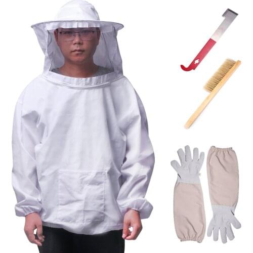1 set Beekeeping Suit with Hood and Anti-beewear J Scraper Bee Brush Bristle Bee Sweep Sheepskin Glove Beekeeping Tools