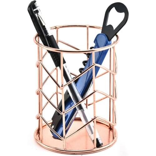 2PCS Hollow Pen Pencil Stationery Holder Rose Gold Metal Makeup Brush Cosmetic Organizer Metal Storage Box Lipstick Container