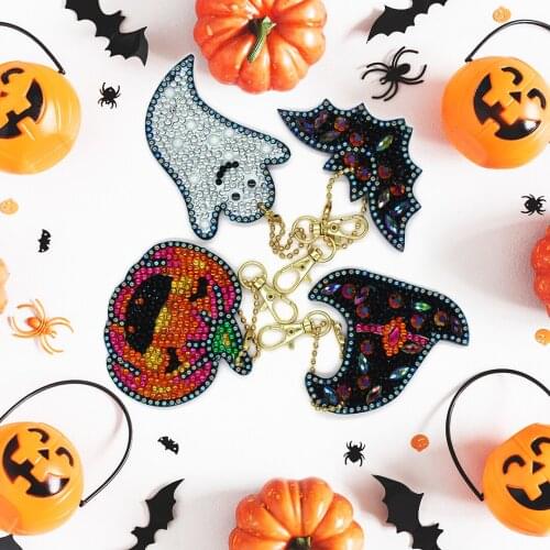 4Pcs DIY Full Drill Special Shaped Diamond Painting Keychain Key Rings Cross Stitch Women Girl Jewelry Pendant Halloween Gift