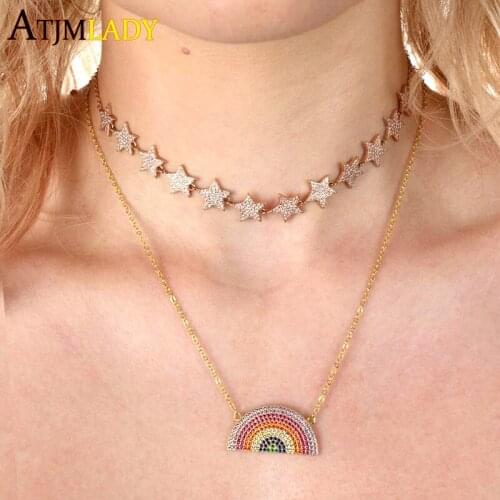 925 Sterling Silver Summer New Design Colorful CZ Paved Rainbow Pendant Necklace Gold filled Cubic Zirconia Fashion Collar Chain