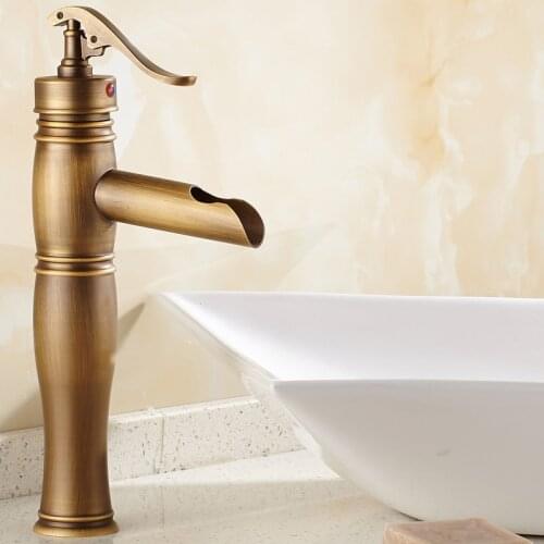 Antique Brass Bathroom Sink Basin Faucet Mixer Tap Waterfall Spout Single Hole Vessel Sink Faucet KD1258