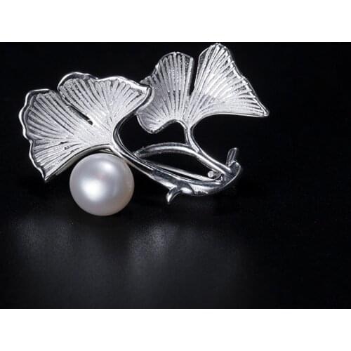 Ginkgo Leaf Pearl Pins 925 Sterling Silver Brooch Women Accessories Pin Office Wear Dress Work Fine Jewelry Formal Occasions