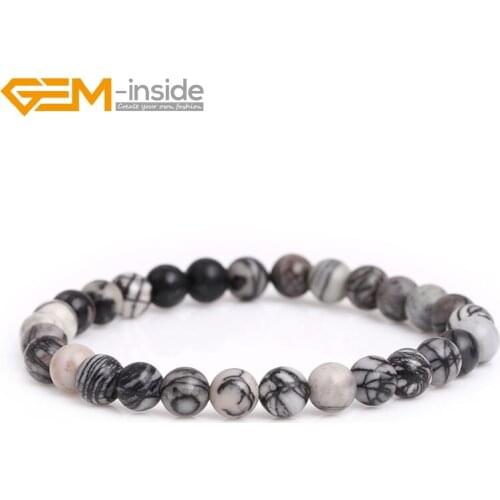 Handmade Picasso Jaspers Natural Gem stone beads for jewerly making Black Web Webbed Round Beaded Stretch Healing Reiki Bracelet