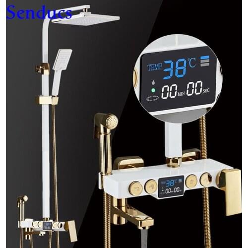 Digital Shower Set Quality Brass Bathroom Shower Faucet Luxury Thermostatic Shower System White Gold Digital Bath Shower Set