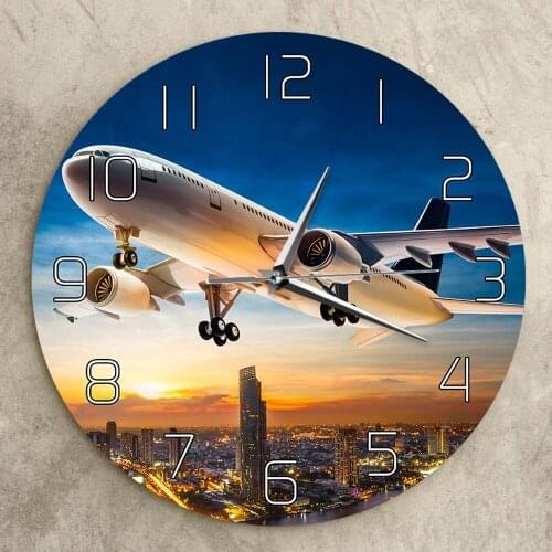 Digital Silent Wall Clock Air Jet Plane Flying Over City Skyline Wall Clock Take Off Sunset Aeroplane Aviator Home Decor Gift