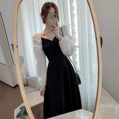 COIGARSAM Fashion Patchwork Women one-piece dress korean New Spring Full Sleeve Dresses Green Black 5599