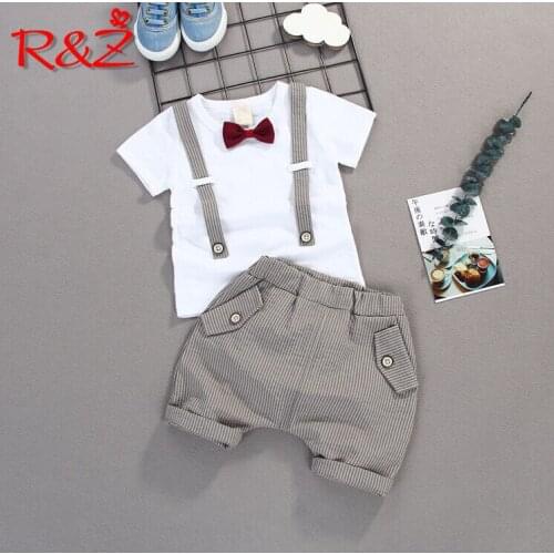 R&Z childrens suit 2019 summer boy suit middle child cotton bow tie T-shirt fake strap striped shorts two-piece