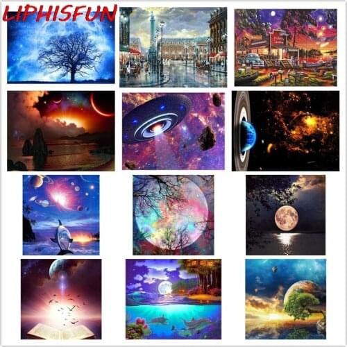 LIPHISFUN Full Square/round Drill Diamond Painting Outer Space UFO Handmade Diamond Embroidery Moon Lake Landscape Home Decor