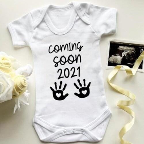 Cute Baby Coming Soon 2021 Simple Print Pregnancy Announcement Baby Bodysuit Pregnancy Reveal Jumpsuit Toddler Baby Clothes