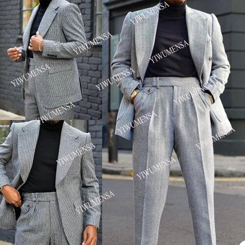 Handsome Houndstooth 2 Pieces Men Suits Double Breasted Blazers Groom Wear Smoking Business Custom Made Peaked Lapel Jacket+Pant