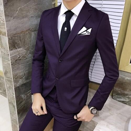 2019 New Mens Purple Suit , Fashion British Style Mens Slim Solid Color Business Suit, High-grade Gentleman Leisure Two-piece
