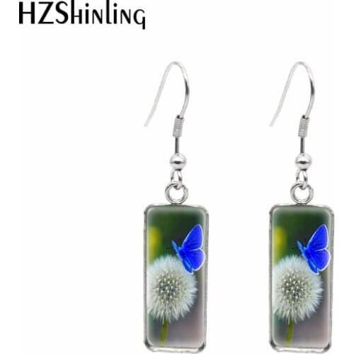 2021 New Dandelion Butterfly Rectangular Earring Painting Fish Hook Earrings Glass Dome Handmade Jewelry