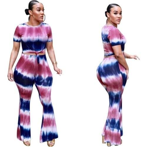 2020 New Summer 2 Piece Set Women Tie Dye Flare Pants Set Short Sleeve Crop Top and Wide Leg Pants Women Tracksuit Leisure Suit