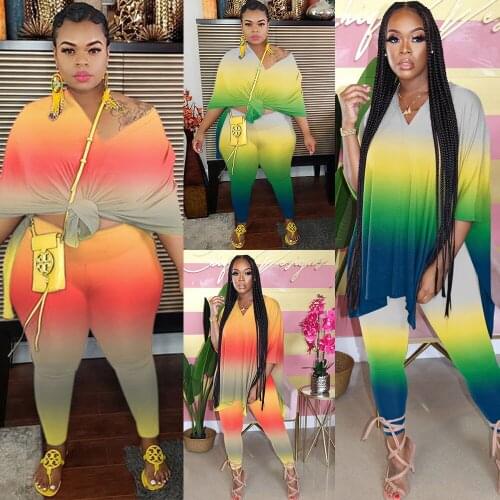 Ueteey New Two-piece Casual V Neck Gradient Colour Two Piece Pants Set