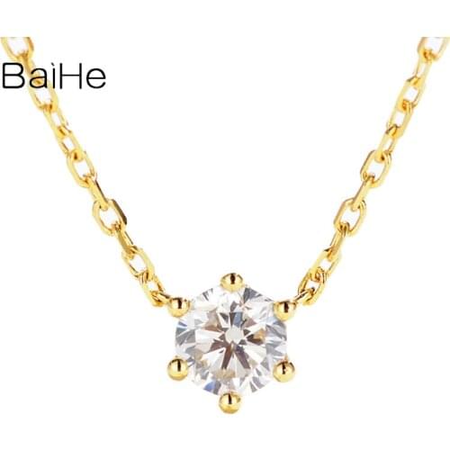 BAIHE Solid 18K Yellow Gold 0.10CT H/SI Natural Diamond Wedding Women Trendy Fine Jewelry Simple single diamond 6-claw Necklaces