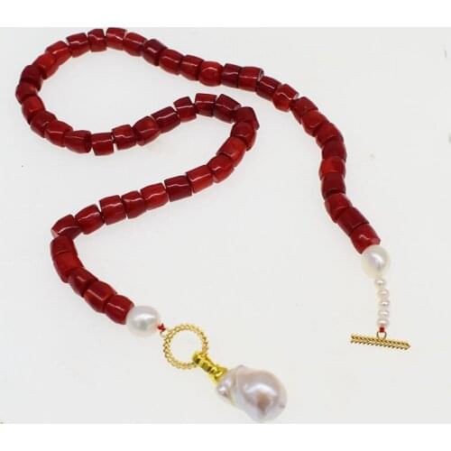 RED CORAL ROUNDELLE + white reborn keshi drop baroque pendant necklace freshwater pearl FPPJ