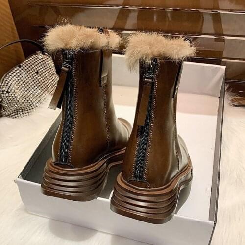 HOT Rabbit 's Hair Leather Short Booties Black Ladies Shoes Platform Autumn Fashion Women Boots High Heels Platform Buckle