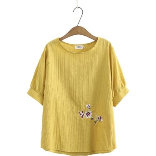 Plus Size Womens Full Cotton Tshirts Casual Short Sleeve Floral Embroidery Tops Oversized White Blue Shirts