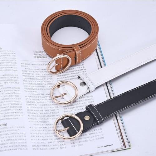 Q Fashion New PU Leather Belt For Women Round Buckle Solid Color Waist Belts Casual Vintage Adjustable Retro Simple Waistband