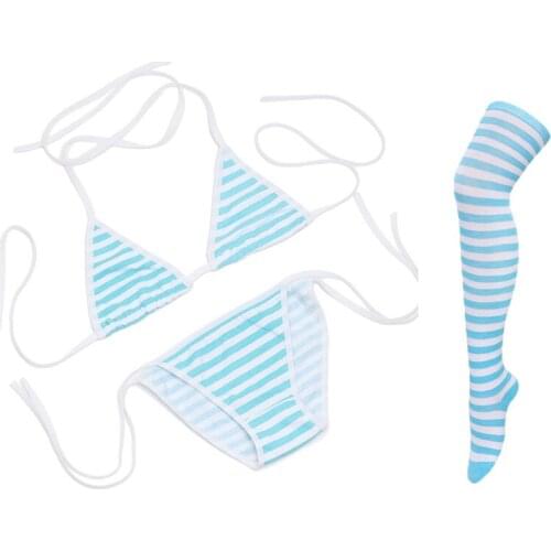 Sexy Women Underwear Set Striped Bikini Thigh High Stocking Swimsuit Erotic Costumes Cosplay Japanese Anime Bra Briefs