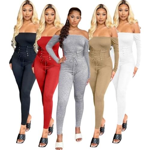 Sexy Off the Shoulder Long Sleeve Solid Rompers Womens Jumpsuit Casual Sports Fitness Corset Bandage Pants Body Jumpsuit Outfits