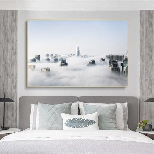 Modern City Painting Home Decor White Clouds, Fog Lightning Surrounding Sunset High-rise Building Posters and Prints Living Room