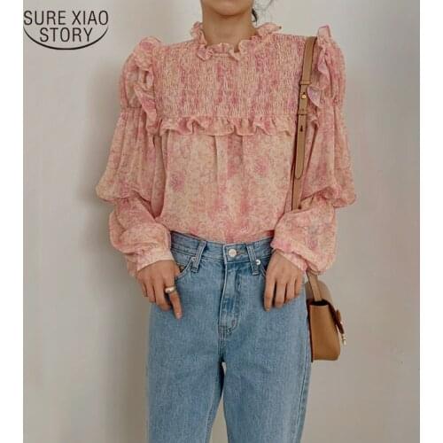 2021 Tops for Women Fashion Korean Long Sleeve Printed Blouse Women Ruffled Puff Sleeve Sweet Shirt Female Ropa Mujer 13477
