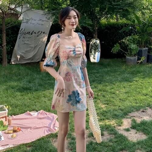 2021 Summer Women Mini Dress Vintage Puff Sleeve Square Collar Dresses Floral Print Kawaii Clothes Robe Female Elegante Vestidos