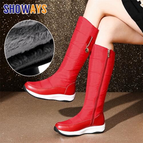 Winter Women Snow Boots Waterproof Down Plush Genuine Leather Red White Casual Travel Ladies Flat Heels Platform Knee High Boots