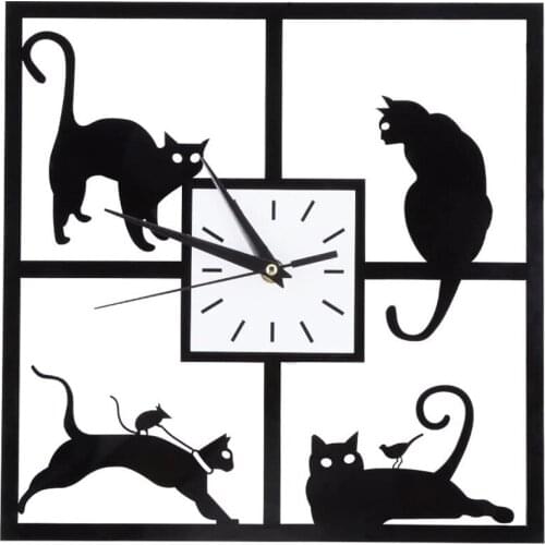 Decorative Wall Clocks 12-Inch Cat Clock Non Ticking Silent Creative Large Black Wall Clocks for Home Living Room Bathrooms Deco