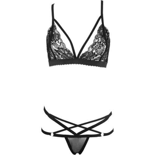Women Sexy Push Up Lace Bra Set Hollow out Sheer Bralette + Panties Cross Bondage G-String Thong Underwear Set