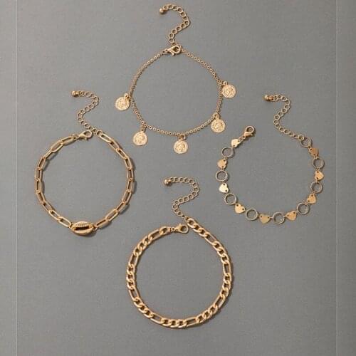 Fashion Women 4 Pcs /set Heart Circle Piece Chain Golden Multi-layer Ankle Summer Beach Foot Jewelry Anklets
