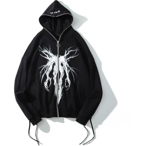Punk Graphic Print Zipper Ribbon Hooded Hoodie Men Casual Black Cool Oversize Coat Fashion Sweatshirt Streetwear Autumn