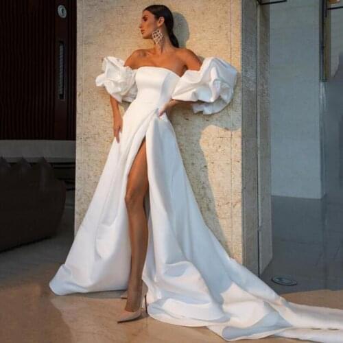 Eightree 2021 Simple Wedding Dresses Sexy Boho Beach Strapless Bridal Gowns Puff Sleeve High Split Ivory Wedding Gowns Plus Size