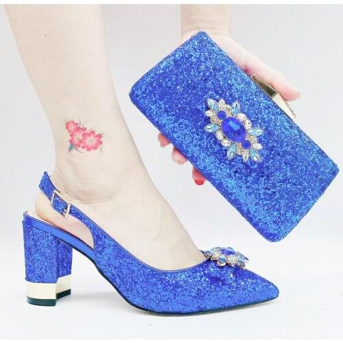 Italian Shoe and Bag Set Glitter Bling Bling Royal Blue Green African High Heels with Clutch Purse Bag Shoe Matching Set