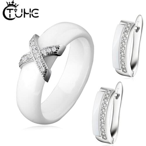 Fashion Black White Ceramic Jewlery Set For Women X Cross Rings With Cute Earrings Crystal Smooth Material Wedding Jewelry Set