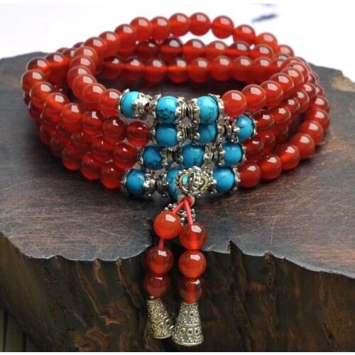 New Natural Red Crystal Bracelet with Blue Stone 6mm Beads Crystal Tibetan Silver Multilayer Bracelets&Bangles for Women Jewelry