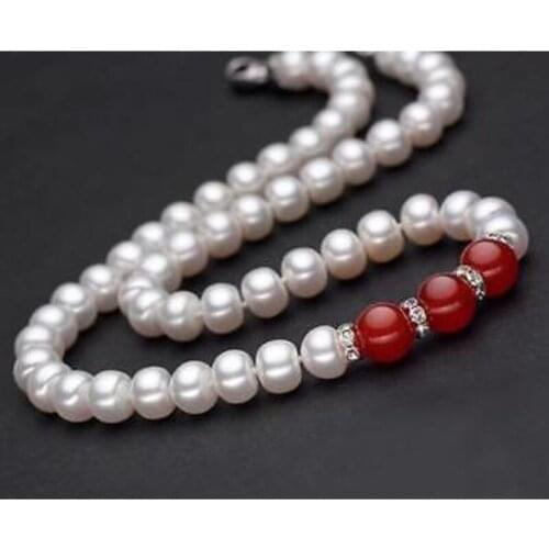 Genuine Natural 6-7MM WHITE CULTURED ROUNDEL PEARL & red jade necklace 18