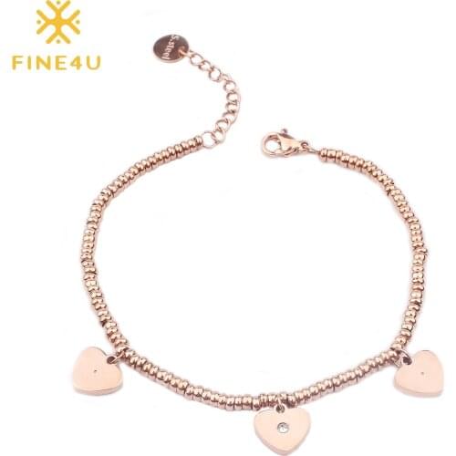 FINE4U B135 Adjustable Rose Gold Color Beads Bracelets Stainless Steel Heart Charm Bracelet For Women Girl Friendship Gifts