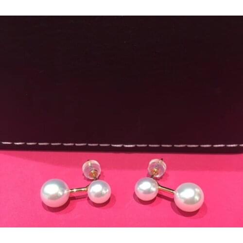 5-8.5MM natural sea water pearl stud earring 18K yellow gold double pearls earring fine women jewelry free shipping