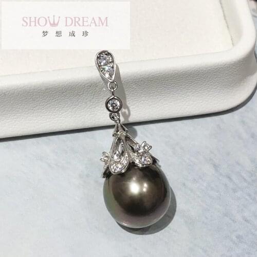 SHOWDREAM S925 Silver Zircon Tahiti Black Pearl Natural Seawater Pearl Temperament Pendant Good gloss