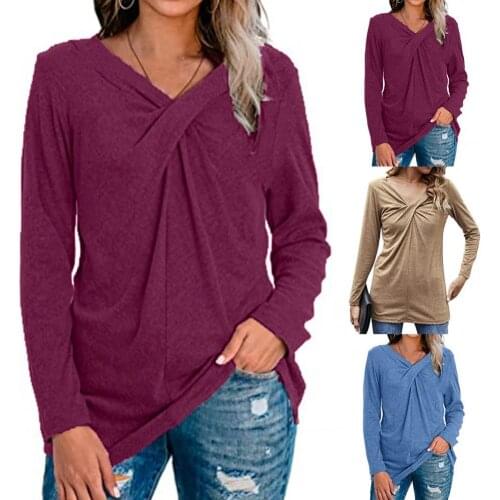 Women Autumn Solid Color V Neck Long Sleeve Blouse Cross Knot Loose Tunic Top Women Clothes Streetwear