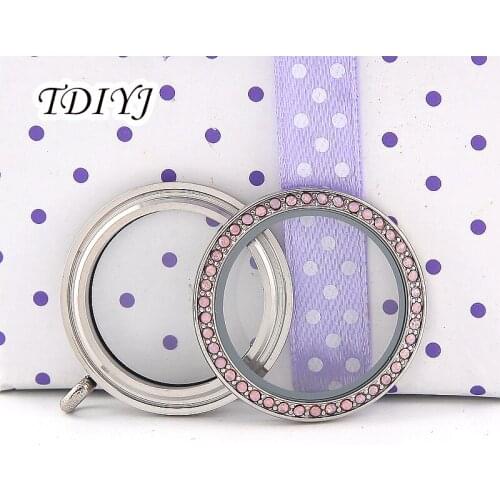 TDIYJ Top Selling 30mm Stainless Steel Round Twist Memory Locket with Pink Crystals fit for Floating Charms 10pcs/lot